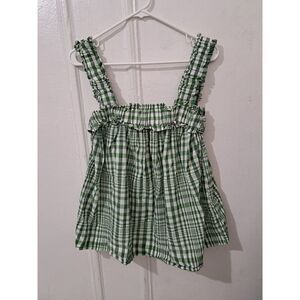 KowTow Womens Small Buffalo Plaid Green White Ruched shirt Top ORGANIC COTTON